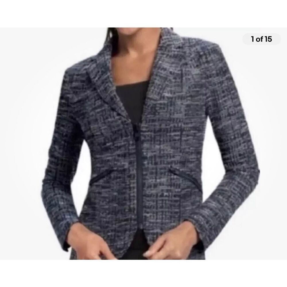 CAbi Midnight Mingle Tweed Black Blue Zip Up Jacket Blazer Sz 2 EUC